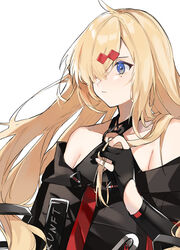  alternate_costume aogisa bad_id bad_pixiv_id bare_shoulders black_gloves blonde_hair blue_eyes closed_mouth collarbone commentary_request female girls&#039;_frontline gloves hair_between_eyes hair_over_one_eye hand_in_own_hair highres long_hair looking_away mg36_(girls&#039;_frontline) mole mole_under_eye one_eye_covered partially_fingerless_gloves solo white_background 