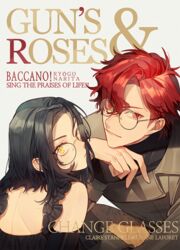  1boy asymmetrical_bangs baccano! bad_id bad_pixiv_id bare_back bare_shoulders black_hair brown_coat chane_laforet character_name claire_stanfield coat collar collared_coat commentary_request copyright_name cover fake_magazine_cover female glasses grey_background hand_on_own_chin honey_dogs long_sleeves looking_at_viewer looking_back magazine_cover parted_bangs red_eyes red_hair round_eyewear short_hair simple_background sleeveless smile straight 