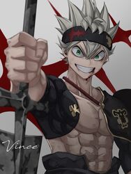  1boy abs ahoge asta_(black_clover) black_bulls_(emblem) black_capelet black_clover black_headband black_sleeves blood blood_from_mouth capelet commentary detached_sleeves english_commentary green_eyes grey_hair hair_between_eyes headband highres long_bangs looking_at_viewer male_focus muscular muscular_male open_mouth pectorals prayudi555 scar scar_on_stomach signature smile solo spiked_hair 