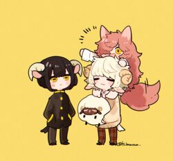  2boys animal_ears black_hair black_pants blonde_hair cat_ears cat_girl cat_tail closed_eyes collared_shirt female fluffy gakuran goat_boy goat_boy_(tsubaki_tsubara) goat_ears goat_horns goat_tail hitsuzi-kun horns long_hair messy_hair multiple_boys orange_hair original pants plaid plaid_pants school_uniform sheep_boy sheep_ears sheep_horns sheep_tail shirt signature sweater tail tsubaki_tsubaru very_long_hair wolf_girl_(tsubaki_tsubaru) yellow_background yellow_eyes 