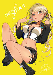  absurdres black_footwear black_jacket black_shirt black_shorts blonde_hair blush breasts cleavage collar crop_top cropped_jacket dark-skinned_female dark_skin ear_piercing female geshumaro gyaru hair_ornament hair_ribbon highres jacket kaminari_qpi kaminari_qpi_(3rd_costume) large_breasts long_hair looking_at_viewer midriff navel oerba_yun_fang off_shoulder open_clothes open_jacket orange_eyes orange_nails piercing ribbon shirt shorts smile solo spiked_collar spikes swept_bangs tongue tongue_out twintails v very_long_hair virtual_youtuber vspo! x_hair_ornament yellow_background 