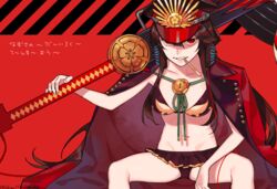  bikini black_bikini black_hair breasts cleavage fate/grand_order fate_(series) female guitar hair_between_eyes hat instrument jacket letterman_jacket long_hair looking_at_viewer medium_breasts navel oda_nobunaga_(fate) oda_nobunaga_(swimsuit_berserker)_(fate) oda_nobunaga_(swimsuit_berserker)_(second_ascension)_(fate) open_mouth oversized_object peaked_cap red_eyes sara_(kurome1127) smile solo swimsuit very_long_hair 