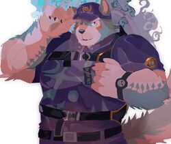  5dsbruno anthro asian_mythology canid canine canis clock clothing east_asian_mythology hi_res japanese_mythology lifewonders male mammal muscular muscular_anthro muscular_arms muscular_male mythology oguchi_magami_(tas) police police_officer police_uniform solo tokyo_afterschool_summoners uniform watch wolf 