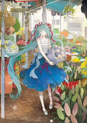  aqua_hair basket blue_dress blue_eyes bouquet bow chiyakoa dress dress_bow female flower flower_shop frills hair_ribbon hatsune_miku hatsune_miku_expo highres holding holding_bouquet outdoors photoshop_(medium) plant potted_plant purple_ribbon red_ribbon ribbon rose shop sleeveless solo standing tulip twintails vocaloid 