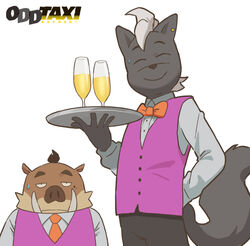  2boys adjusting_clothes arm_up bow bowtie formal furry furry_male highres holding holding_tray imai_shun long_sleeves looking_at_viewer male_focus mugicaan1 multiple_boys necktie odd_taxi orange_bow orange_bowtie orange_necktie shibagaki_kensuke shirt skunk_boy sleeveless sleeveless_jacket suit sweat tray waiter white_shirt 