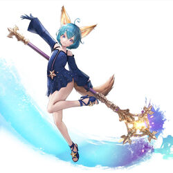  animal_ears arm_up blue_dress blue_eyes blue_gloves blue_hair dress elin_(tera) female fox_ears fox_tail full_body gloves high_heels highres huge_weapon leg_up legs open_mouth shoes short_dress short_hair simple_background solo staff standing standing_on_one_leg star tail tera_online thigh_strap thighs weapon white_background wind wind_lift 