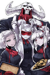  1boy 3girls apple_pie barcode barcode_tattoo black_gloves breasts clenched_teeth colored_skin demon_boy demon_girl demon_horns food gloves goggles grey_eyes haraya_manawari height_difference helltaker highres horns justice_(helltaker) lab_coat large_breasts long_hair loremaster_(helltaker) lucifer_(helltaker) maid mask medium_breasts mole mole_under_eye multiple_girls pancake pie red-tinted_eyewear red_eyes red_shirt red_skin shirt simple_background skull_mask subject_67_(helltaker) tattoo teeth tinted_eyewear white_background white_gloves white_hair white_horns white_skin 