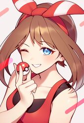  ;d absurdres bare_shoulders blue_eyes blush breasts brown_hair collarbone female hairband highres holding holding_poke_ball looking_at_viewer may_(pokemon) one_eye_closed poke_ball poke_ball_(basic) pokemon pokemon_oras red_hairband red_tank_top smile solo tank_top upper_body yoshihiro_(yoshihiro12190) 