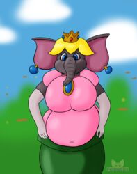  big_breasts breasts cleavage clothed clothing elephant elephant_peach elephant_powerup elephantid felinelux female hi_res huge_breasts mammal mario_bros nintendo overweight princess_peach proboscidean slightly_chubby super_mario_bros_wonder 