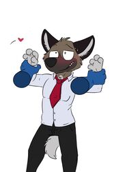  aggretsuko anthro black_bottomwear black_clothing blush bodily_fluids bottomwear brown_body brown_fur clothed clothing digital_media_(artwork) disembodied_hand dress_shirt duo eyebrows fully_clothed fur grey_tail haida_(aggretsuko) heart_symbol hi_res hyena male mammal necktie pants pinned pinned_arms rotten_robbie sanrio shirt solo_focus spotted_hyena standing sweat sweatdrop tail tail_between_legs topwear white_clothing white_topwear 