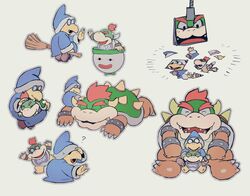  2020 anthro bowser bowser_jr. closed_eyes clothing eyewear glasses group hat headgear headwear kamek koopa koopa_clown_car magikoopa male mario_bros nintendo overweight overweight_male paper_mario rfufvas3phbxkxa robe scalie simple_background sitting sleeping white_background 