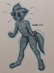  absurd_res anthro big_ears big_tail black_pawpads blue_eyes cici_(iwondery) domestic_cat dots felid felidae feline felis femboy fur grey_body grey_fur hi_res hip_markings insignia iwondery leg_markings male mammal markings pawpads paws skinny solo tail traditional_media_(artwork) wide_hips 