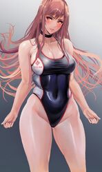  absurdres bare_shoulders black_choker black_one-piece_swimsuit black_towel breasts brown_hair choker cleavage closed_mouth collarbone competition_swimsuit covered_navel female goddess_of_victory:_nikke gradient_background groin hair_between_eyes hand_on_own_hip hand_up highleg highleg_swimsuit highres kyel_hyde large_breasts light_blush long_hair looking_at_viewer official_alternate_costume one-piece_swimsuit orange_eyes rapi_(classic_vacation)_(nikke) rapi_(nikke) sidelocks solo standing swimsuit towel towel_around_neck two-tone_background two-tone_swimsuit white_one-piece_swimsuit 