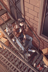  1boy bag beer_can bomber_jacket bottle box brown_hair can cigarette denim fire_escape holding holding_can holding_cigarette itou_kaiji jacket jeans kaiji long_hair male_focus outdoors pants plastic_bag sanatorium_industries shoes sitting sneakers solo stairs window 