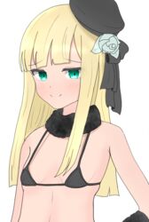  atsumisu bad_id bad_pixiv_id bare_shoulders beret bikini black_bikini black_hat black_ribbon blonde_hair blush breasts closed_mouth fate/grand_order fate_(series) female flower fur_collar green_eyes hair_flower hair_ornament hat long_hair lord_el-melloi_ii_case_files micro_bikini reines_el-melloi_archisorte ribbon rose simple_background small_breasts smile solo swimsuit tilted_headwear upper_body white_background white_flower white_rose 