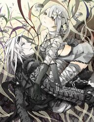  1boy bandages braid commentary_request female flower gloves grey_hair hair_flower hair_ornament kaine_(nier) nier nier_(brother) nier_(series) partial_commentary ricci white_hair yellow_eyes 