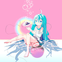  ahoge antenna_hair aqua_eyes aqua_hair bare_legs bare_shoulders barefoot blush commentary_request denpa_onna_to_seishun_otoko feet female long_hair open_clothes school_uniform sitting skirt smile solo torako_(anofelus) touwa_erio ufo very_long_hair water 