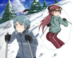  3girls ass blonde_hair blue_eyes blue_hair breath charlotte_(madoka_magica) day drawfag gloves goggles homer_simpson imageboard_desourced imagining jacket long_hair mahou_shoujo_madoka_magica mahou_shoujo_madoka_magica_(anime) meme miki_sayaka mountain multiple_girls ned_flanders non-web_source outdoors parody red_eyes red_hair sakura_kyoko short_hair ski_pole skiing snow snowboard snowboarding stupid_sexy_flanders the_simpsons thighhighs tomoe_mami tomoe_mami_(magical_girl) tree 