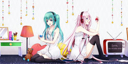  2girls blue_eyes commentary_request crt cushion dial_television green_hair hatsune_miku headphones ia_(vocaloid) lamp long_hair multiple_girls open_mouth pink_hair sitting skirt stuffed_animal stuffed_toy teddy_bear television thighhighs twintails very_long_hair vocaloid wariza yamaneko514 