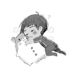  1boy blush_stickers chibi closed_eyes commentary_request dark-skinned_male dark_skin greyscale male_focus monochrome nemui_(sleep_goodbye) phichit_chulanont solo stuffed_animal stuffed_hamster stuffed_toy twitter_username yuri!!!_on_ice 