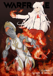  bodysuit bow breasts character_name commentary_request copyright_name crossover ember_(warframe) female fire fujiwara_no_mokou hairbow hand_in_pocket helmet highres ikastep long_hair medium_breasts photoshop_(medium) power_connection pyrokinesis red_eyes ribbon suspenders touhou very_long_hair warframe white_hair 