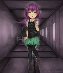  aionlights borrowed_character commentary commission english_commentary female fingerless_gloves full_body ghost gloves green_eyes hallway isabelle_(acerailgun) long_hair looking_at_viewer original pantyhose purple_hair shoes signature single_glove skirt solo transparent watermark web_address 