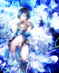  armor bahamut_lagoon black_hair blue_headband blue_legwear blue_theme boots breasts cleavage commentary_request earrings female fingerless_gloves flower gloves hair_over_one_eye headband jeanne_(bahamut_lagoon) jewelry knife small_breasts solo touka_(jue) 