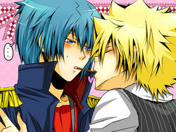  blonde_hair blue_eyes blue_hair blush closed_eyes daemon_spade giotto katekyo_hitman_reborn katekyo_hitman_reborn! kissing male_focus multiple_boys pocky yaoi 