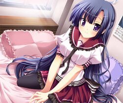  bad_id bad_pixiv_id bed bed_sheet bedroom between_legs black_pantyhose blanket blouse blue_hair bow breasts calendar_(object) dutch_angle female frilled_pillow frilled_skirt frills hair_ornament hand_between_legs hoshizora_e_kakaru_hashi impossible_clothes impossible_shirt indoors koumoto_madoka light_rays long_hair looking_at_viewer medium_breasts necktie own_hands_together pantyhose photoshop_(medium) pillow pleated_skirt puffy_sleeves purple_eyes ribbon sakuba_nao school_uniform serafuku shirt sitting skirt smile solo sunbeam sunlight wariza window windowsill 