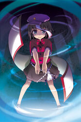  ayami_chiha black_hair blue_eyes commentary_request female grey_hair hat hat_ornament jiangshi miyako_yoshika ofuda outstretched_arms short_hair skirt smile solo star_(symbol) star_hat_ornament touhou zombie_pose 