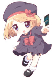  blonde_hair blue_eyes blush bow card cardfight!!_vanguard chibi commentary_request female hat holding holding_card mirai_(sugar) open_mouth school_uniform sendou_emi short_hair skirt solo trading_card 