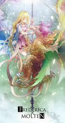  bahamut_lagoon blonde_hair braid breasts brown_eyes cape character_name commentary_request dragon dress female frederica_(bahamut_lagoon) green_background hand_up highres holding long_hair molten_(bahamut_lagoon) partial_commentary pink_dress short_sleeves small_breasts touka_(jue) very_long_hair wristband yellow_eyes 