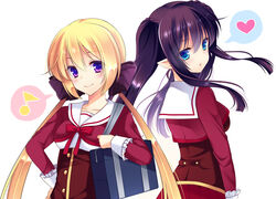  2girls agekichi_(heart_shape) bad_id bad_pixiv_id black_hair blonde_hair blue_eyes kuu_(agekichi) long_hair multiple_girls original pointy_ears purple_eyes school_uniform yuriko_(agekichi) 