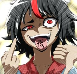  black_hair commentary_request daigingaa dress emphasis_lines female grey_horns horns kijin_seija looking_at_viewer middle_finger multicolored_hair open_mouth red_eyes red_hair short_hair small_horns smile solo streaked_hair text_in_mouth thumbs_down tongue tongue_out touhou uneven_eyes 