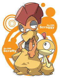  character_name commentary_request evolutionary_line full_body kumano_sakunosuke no_humans photoshop_(medium) pokedex_number pokemon pokemon_(creature) scrafty scraggy simple_background standing 