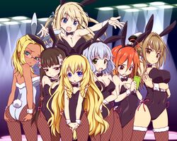  6+girls :d ahoge amagi_brilliant_park animal_ears antenna_hair ashe_(amaburi) ass bare_shoulders blonde_hair blue_eyes blush bow breasts brown_eyes brown_hair cellphone cleavage commentary_request covered_navel dark-skinned_female dark_skin detached_collar drill_hair fake_animal_ears fishnet_pantyhose fishnets flower fur_trim glasses gradient_hair green_eyes grey_hair hair_flower hair_ornament hair_ribbon hairbow koborii_(amaburi) large_breasts latifa_fleuranza leotard long_hair looking_at_viewer multicolored_hair multiple_girls muse_(amaburi) open_mouth orange_hair outstretched_arms pantyhose phone playboy_bunny ponytail rabbit_ears rabbit_tail red_eyes ribbon salama_(amaburi) sento_isuzu short_hair side-tie_leotard smartphone smile sylphy_(amaburi) tail thighhighs touryou very_long_hair wrist_cuffs 