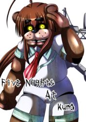  bear brown_hair commentary cosplay crossover english_text five_nights_at_freddy&#039;s freddy_fazbear glowing glowing_eyes highres kantai_collection kuma_(kancolle) kuma_(kancolle)_(cosplay) no_humans pun reverse_translation teikoku_gensui thick_eyebrows 