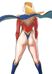  aqua_eyes ass back blonde_hair blue_cape blue_footwear boots cape closed_mouth commentary_request eighth_wonder female floating_cape floating_hair from_behind haruka_clara highleg highleg_leotard highres knee_boots kneepits legs legs_apart leotard light_smile long_hair long_sleeves looking_to_the_side nappii_(nappy_happy) photoshop_(medium) profile red_leotard shoulder_pads simple_background smile solo standing superhero_costume thighs thong_leotard turtleneck uchi_no_musume_ni_te_wo_dasuna! white_background wind wind_lift 