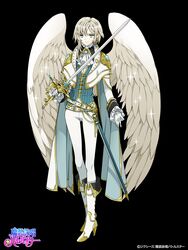  1boy angel_wings belt black_background boots commentary_request copyright_name full_body gloves green_eyes heterochromia high_heels male_focus mami_(apsaras) masou_eishou_battlestar official_art sheath short_hair_with_long_locks simple_background solo standing sword weapon white_gloves wings 