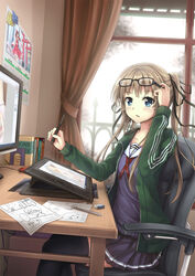  asakurashinji black_ribbon black_thighhighs blue_eyes blurry book bow brown_hair calendar_(object) chair collarbone commentary_request computer_mouse crossed_legs curtains depth_of_field desk drawing_tablet english_commentary english_text eyewear_lift eyewear_on_head feet_out_of_frame female from_side glasses hair_ribbon hairbow hakurei_reimu highres holding holding_stylus indoors jacket long_hair long_sleeves looking_at_viewer miniskirt mixed-language_commentary monitor open_clothes open_jacket photoshop_(medium) pleated_skirt ribbon saenai_heroine_no_sodatekata sawamura_spencer_eriri school_uniform serafuku sitting skirt solo stylus sweater thighhighs torii touhou track_jacket twintails window wooden_desk zettai_ryouiki 