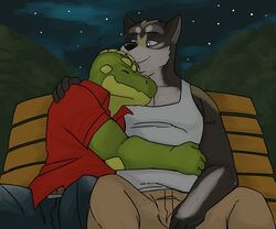  alligator alligatorid biceps bottomwear canid canine canis closed_eyes clothing crocodilian cuddling fur genchi hug male male/male mammal muscular pants pose reptile romantic romantic_ambiance romantic_couple rondo scalie shirt sitting topwear tyins_darkwulf wolf 