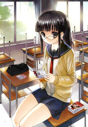  absurdres black_hair cardigan chair classroom desk female glasses grey_eyes highres indoors koin_(foxmark) long_hair long_sleeves looking_at_viewer metal_witch_sisters neckerchief novel_(object) official_art on_desk open_cardigan open_clothes photoshop_(medium) ponytail reading school_desk school_uniform serafuku sitting skirt smile solo tree window 