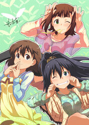  3girls amami_haruka brown_hair bunching_hair cheek_pinching ganaha_hibiki grin hagiwara_yukiho idolmaster idolmaster_(classic) jewelry mouth_hold multiple_girls necklace one_eye_closed pinching ponytail ribbon smile yuu-yuu 