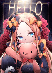  abigail_williams_(fate) absurdres black_bow black_dress black_hat blonde_hair blue_eyes blush bow chickenvomit commentary_request covered_mouth dress fate/grand_order fate_(series) female flower forehead hairbow hat head_tilt highres holding holding_stuffed_toy long_hair long_sleeves looking_at_viewer orange_bow parted_bangs polka_dot polka_dot_bow red_bow red_flower red_rose rose sleeves_past_wrists solo stuffed_animal stuffed_toy teddy_bear 