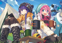  2girls :d aemochi blue_eyes blue_hair blush boots cellphone chair commentary cup day eyebrows gloves grass hat kagamihara_nadeshiko long_hair looking_at_viewer motor_vehicle mountain mug multiple_girls open_mouth outdoors pantyhose phone pink_hair purple_eyes purple_hair scarf scooter seiza shima_rin sitting sky smartphone smile table tent yamaha_vino yurucamp 