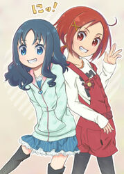  2girls bad_id bad_pixiv_id blue_eyes blue_hair boots c-chrone casual grin hair_ornament hairclip hands_in_pockets heartcatch_precure! hino_akane_(smile_precure!) hood hoodie kurumi_erika long_hair multiple_girls overalls pantyhose ponytail precure red_eyes red_hair sleeves_past_wrists smile smile_precure thigh_boots thighhighs 