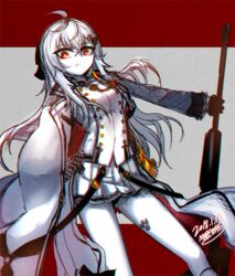  anti-materiel_rifle artist_name bolt_action cape commentary_request dated female girls&#039;_frontline gloves gun hair_ornament hairclip hand_on_own_hip iws_2000_(girls&#039;_frontline) korean_commentary long_hair madcore military military_uniform pantyhose red_eyes rifle signature skirt sniper_rifle solo steyr_iws_2000 uniform weapon white_hair 