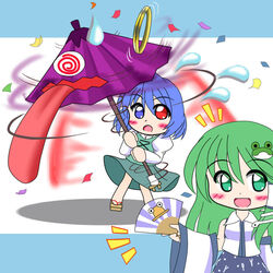  2girls @_@ blue_eyes blue_hair blush_stickers chibi commentary_request confetti detached_sleeves flying_sweatdrops frog_hair_ornament geta green_eyes green_hair hair_ornament hair_tubes heterochromia jewelry karakasa_obake kazamidori_(sleeping_clock) kochiya_sanae long_hair multiple_girls open_mouth purple_umbrella red_eyes ring short_hair skirt smile snake_hair_ornament sweatdrop swirling tatara_kogasa tongue touhou umbrella 