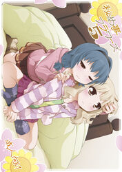  2girls blonde_hair blue_hair blush commentary_request furutani_himawari goyacchi hair_ornament hairband hairclip heart heart_print hood hoodie kneehighs long_hair multiple_girls no_shoes oomuro_sakurako photoshop_(medium) short_hair socks striped_clothes striped_hoodie yuru_yuri 