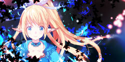  bahamut_lagoon blonde_hair blue_choker blue_dress blue_eyes bow choker commentary dark_background dress earrings ears_visible_through_hair ecatrina female frown hairbow high_ponytail jewelry long_hair looking_at_viewer pointy_ears portrait solo touka_(jue) white_bow 